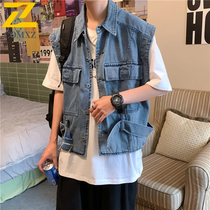 

Men's Korean Style Oversized Denim Vest Summer Washed Workwear Sleeveless Jacket Vintage Distressed Casual Streetwear Layering