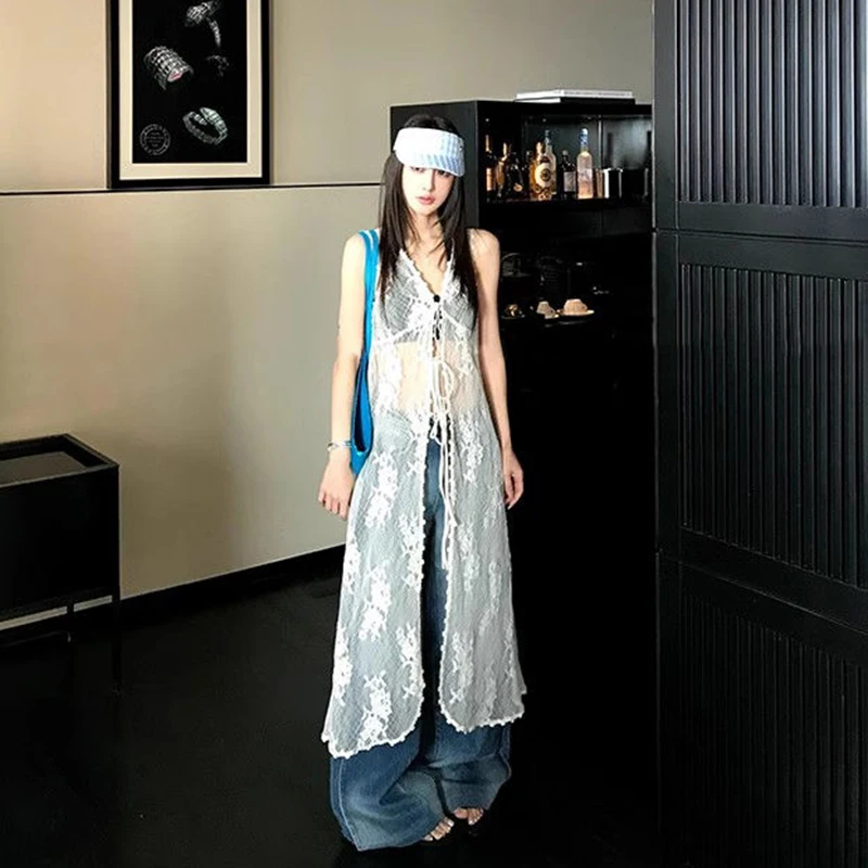 Abito con camicetta in pizzo albicocca Donna Estate Vacanza al mare Cardigan con lacci Moda coreana Harajuku Abiti senza maniche con scollo a V sexy