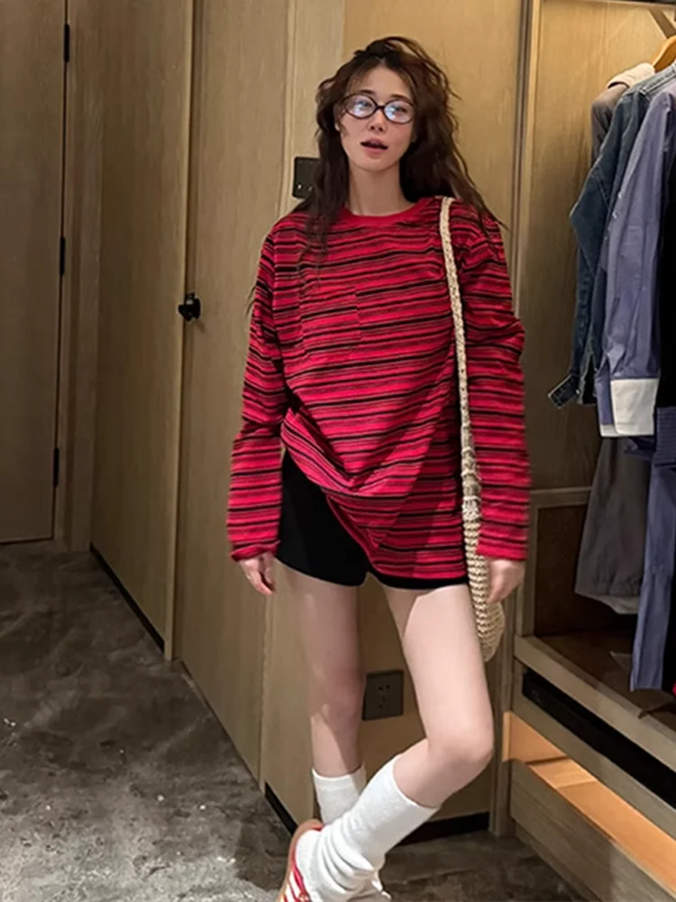 

Loose Fit Striped Long Sleeve Women's T-shirt Spring 2026 New Style Casual Base Shirt Red Color Block Comfortable Top