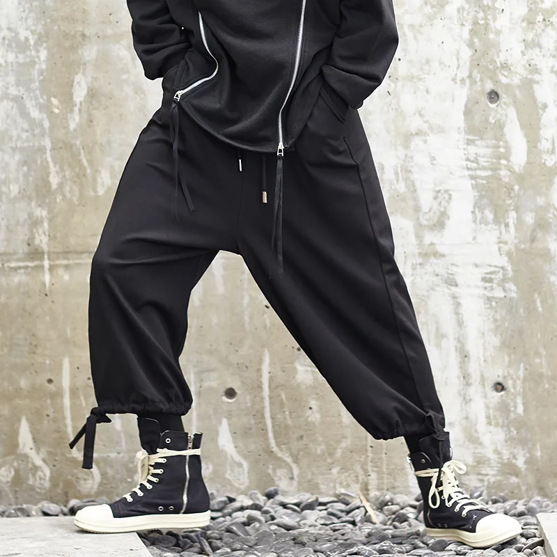 

Men's Wide Leg Pants Spring And Autumn New Hong Kong Style Japanese Drawstring Design Straight Loose Nine Points Pants