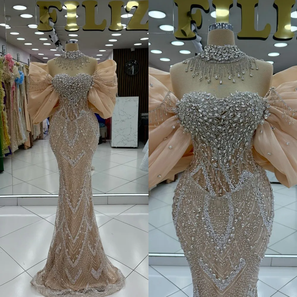 

Великолепное вечернее платье с пышными рукавами и открытыми плечами, роскошные индивидуальные вечерние платья с кристаллами и бисером, платья для выпускного вечера