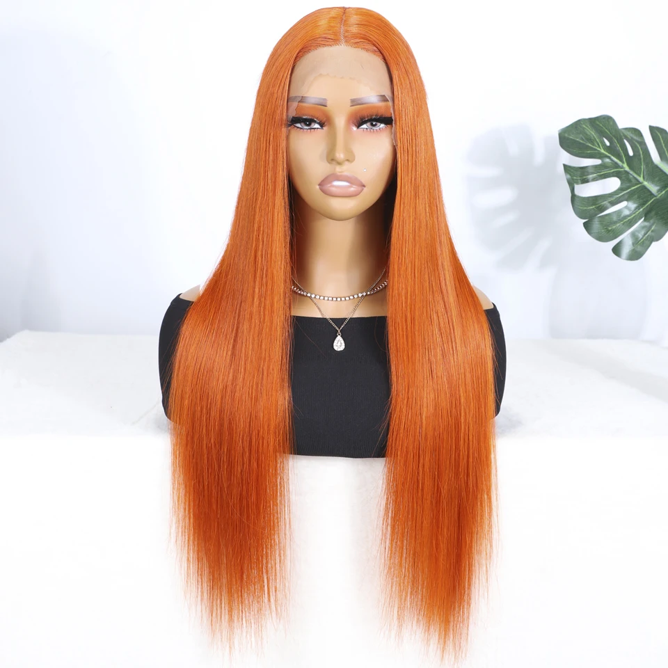 Orange Human Hair Wigs For Women 13X6X1 Lace Front Wigs 26 Inch Orange Colored Remy Brazilian Hair Wigs Straight Bob Lace Wig