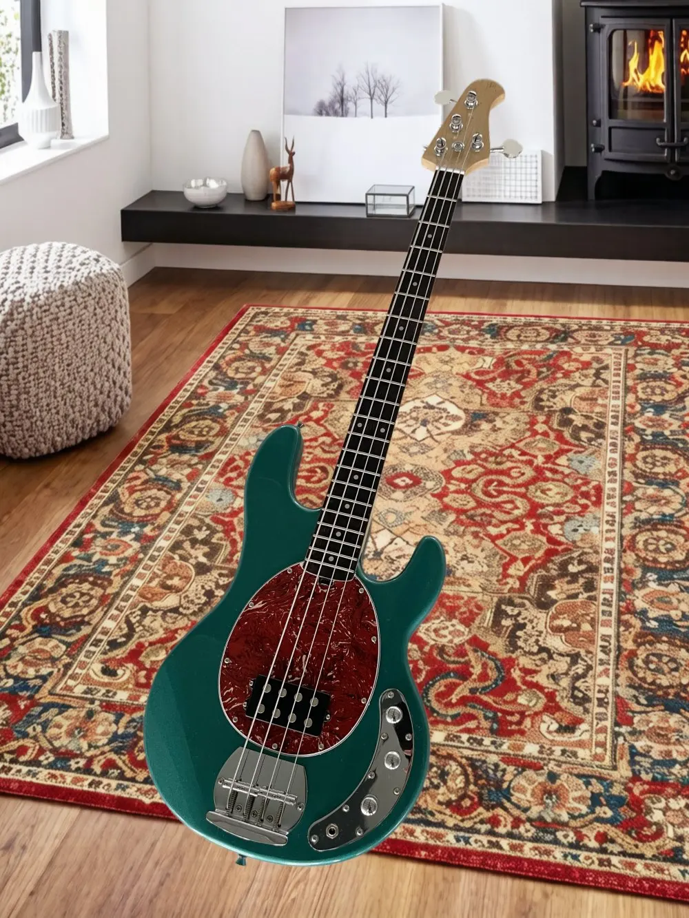 4 strings metal dark green guitar,fixed bass bridge, red tortoise shell pickup guard, solid wood body, maple neck,