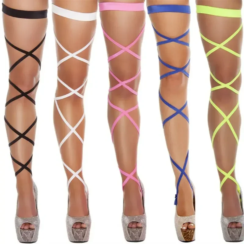 Sexy Women Bandage Fishnet Stockings Thigh-High Studded Thigh High Leg Rave Wraps Strappy Tights