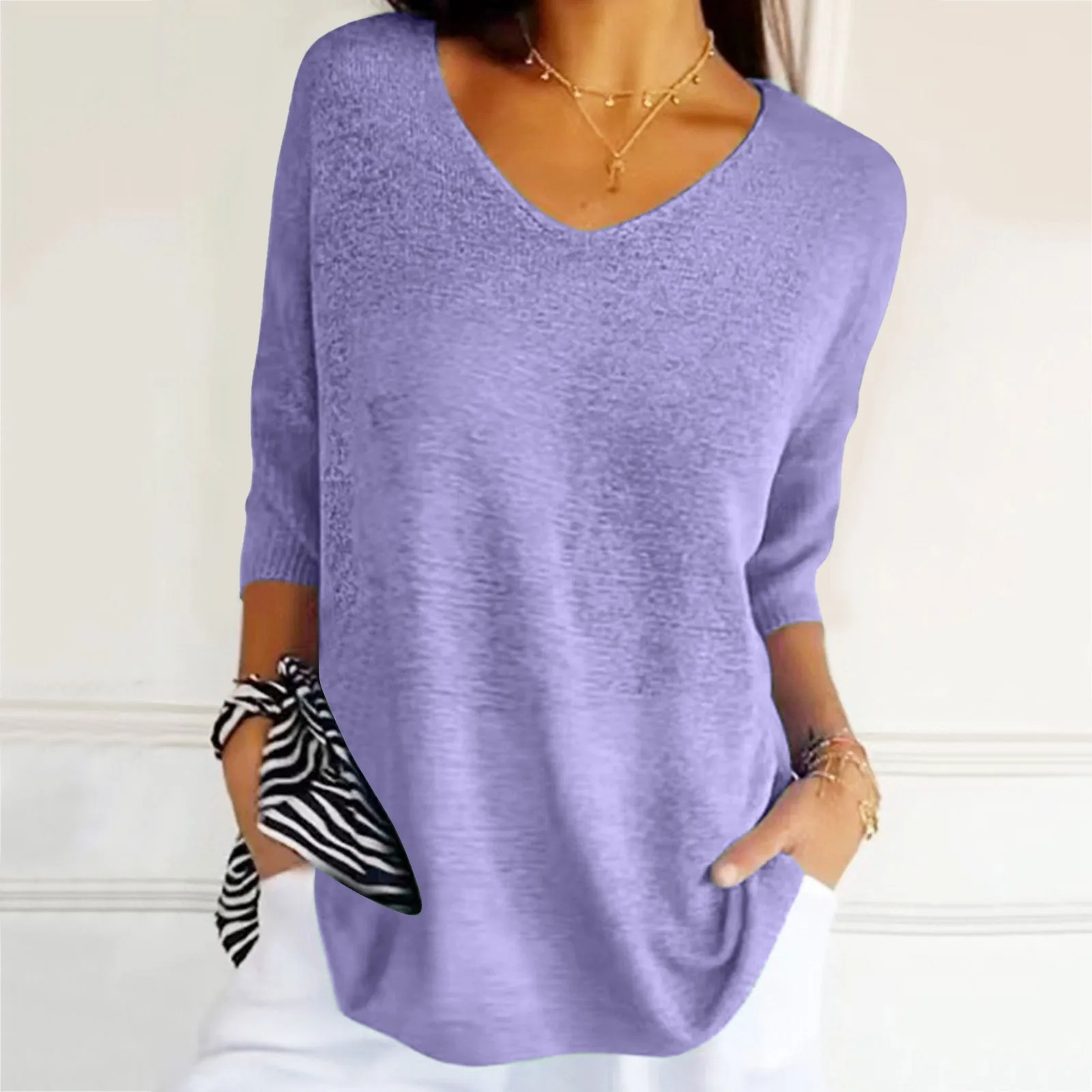 Simple Casual Solid Loose-fitting Sweater Women New Spring V Neck Bottoming T-shirt Autumn Half Sleeve Thin Knitted Top Pullover