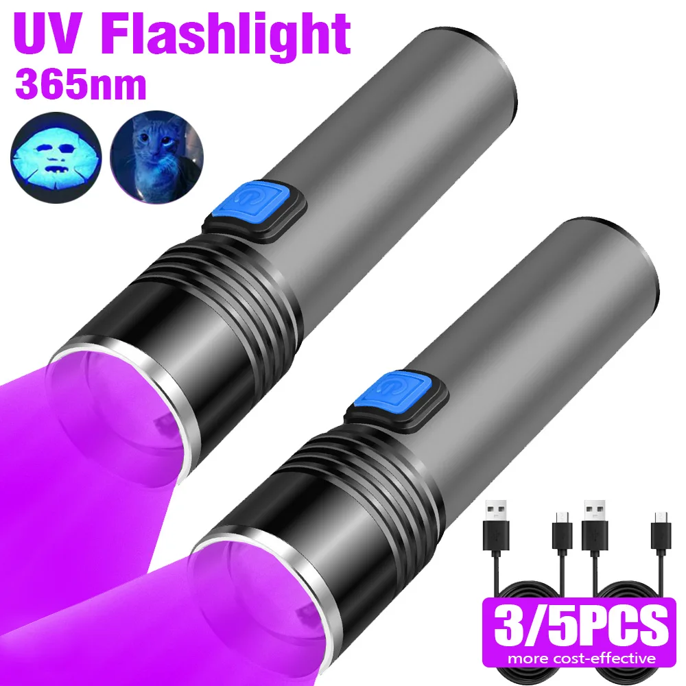 Mini Portable 365nm UV Flashlight Zoomable Ultraviolet Torch USB Rechargable For Pet Bacterium Detection Waterproof Black Light