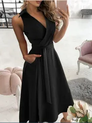 Temperament Solid Color Sleeveless Dresses Women Fashion Sexy V-neck Leace-up Slim A-line Dress Spring Summer New Lady Clothing