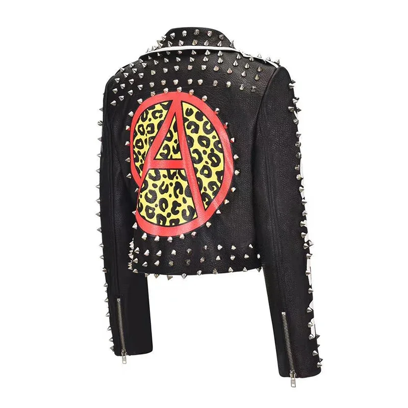Blouson en similicuir femme, streetwear, slim, clouté, court, punk, fermeture éclair, imprimé léopard, pour moto, 2024