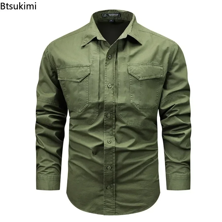 2026 Men's Casual Long Sleeve Shirts Spring Autumn Man Solid Long Sleeve Double Pocket Workwear Hiking Fishing Shirt Coats Men