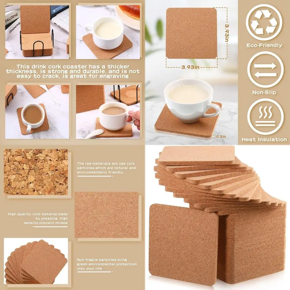 

Set of 120 4x4x0.2 Inch Square Cork Coasters - Natural Absorbent Drink Coasters for Bar & Kitchen, Ideal for Table Dishes & Plat