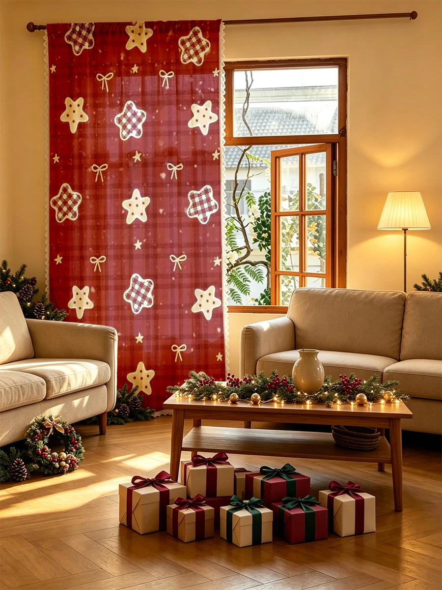 1PC Christmas Tassel Sheer Curtains, Star Cookie Red Gingham Bow, Digital Print, Polyester, Bedroom Living Room Decor Rod Pocket