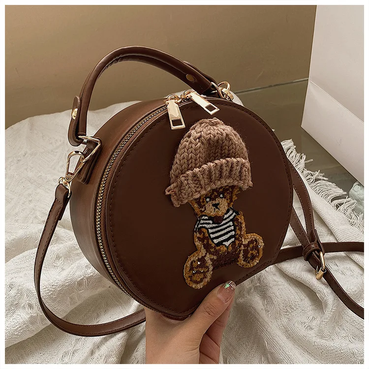 

Fashion Trend Splicing Bear Cute Handbag Hot Sale Designer Popular Women's Portable Versatile Shoulder Small Round Bag