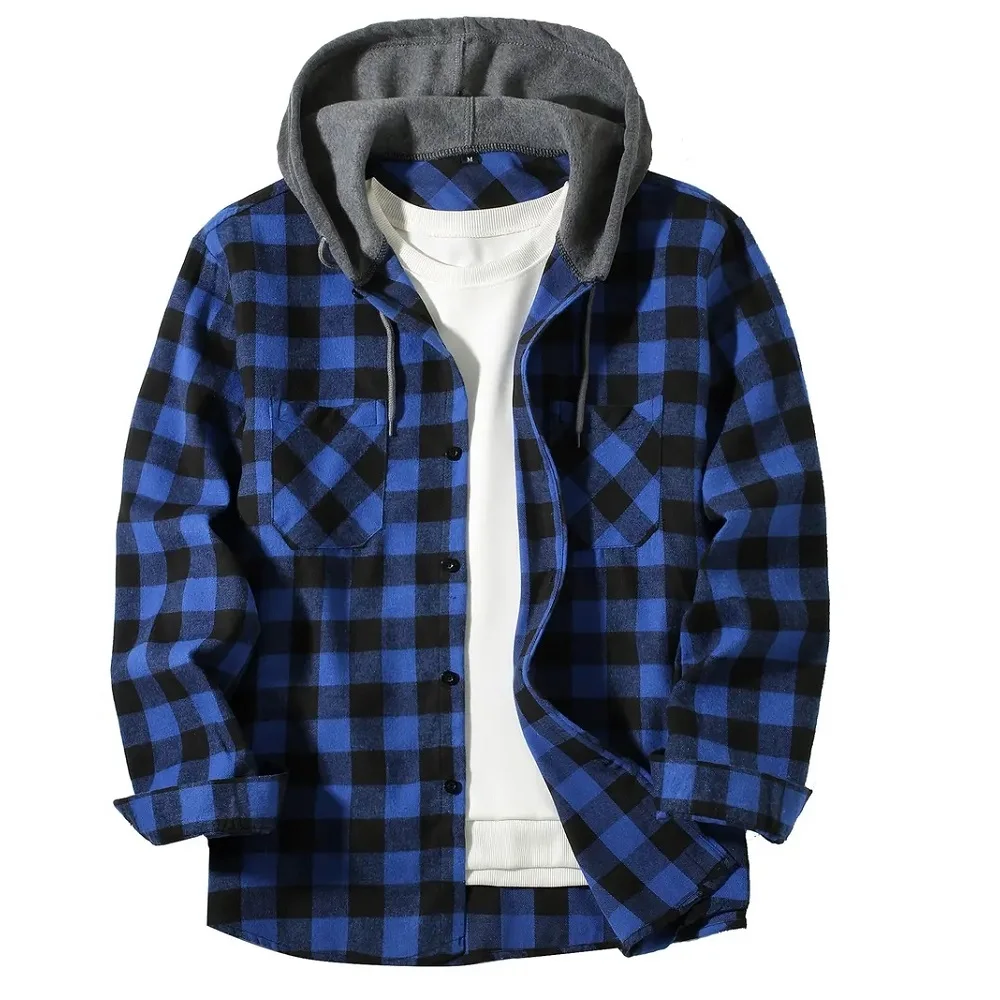 Men's Shirts Classic Plaid Casual Button Down Hooded Long Sleeved Double Pockets Shirt Hoodie Flannel Jacket Spring Autumn Tops