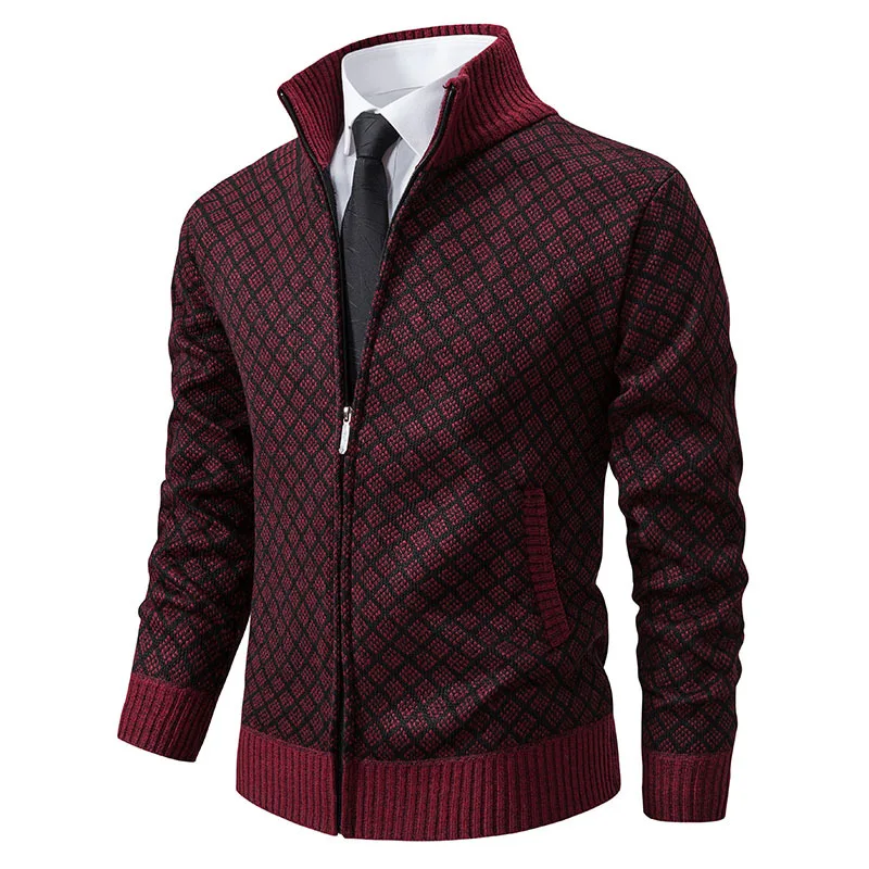 Autumn Men\'s Jacket Sweater Striped Checkered Zipper Style with Plush Fashionable Color Blocking Warm Knit Jacket Sweater