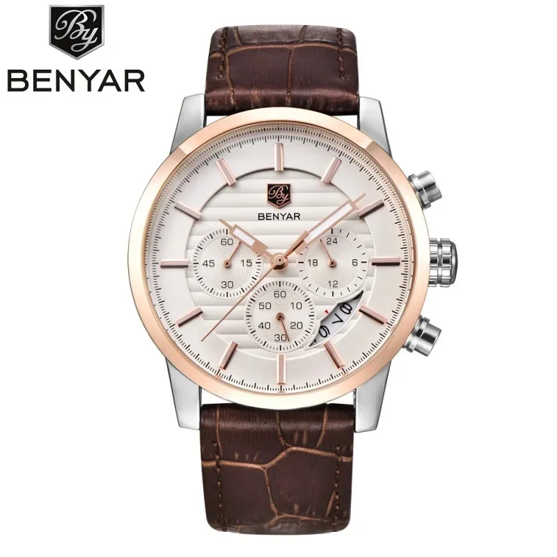 BENYAR 2026 New Fashion Quartz Watch Men's Multi Functional Waterproof Advanced Leather Calendar Chronograph Watch