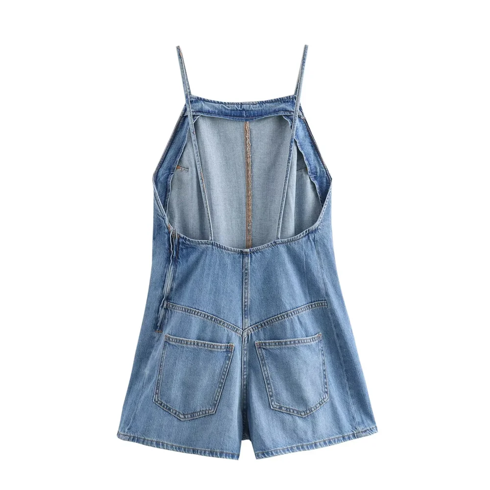 Summer New Blue Fashionable Versatile Loose American Retro Open Back Strap Pure Cotton Denim jumpsuit