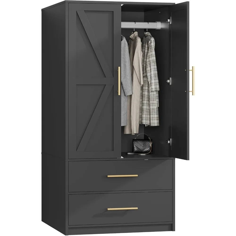 

Armoire Wardrobe Closet, Wardrobe Closet with Doors and 2 Drawers, Bedroom Armoire with Hanging Rod, Tall Armoire for Bed