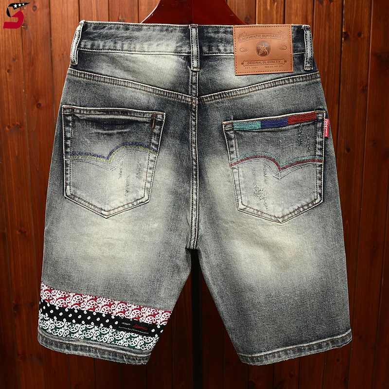 Summer Trendy Denim Shorts Men Fashion High-End Embroidered Flower Hole Patch Retro Slim Fit Straight Leg Casual Five Point Jean