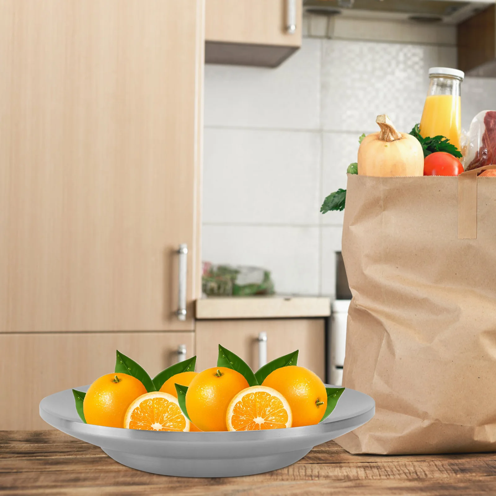 

21Cm 304 Stainless Steel Round Dish Double Wall Shallow Plate Wire Drawing Finish Non Slip Base For Food Fruit Serving Kitchen