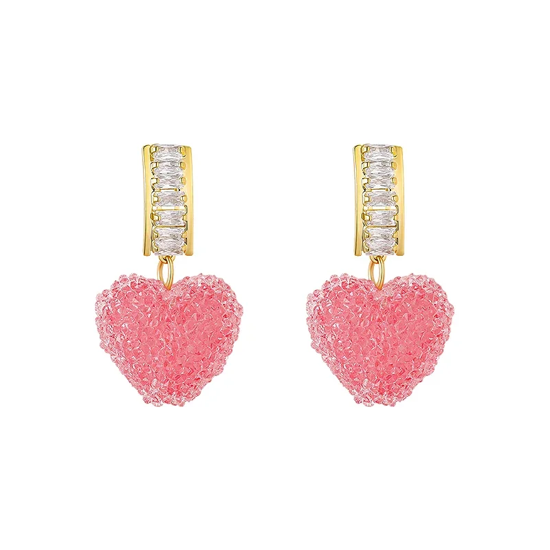 2025 New Arrival Trendy Lovely Pink Heart Dangle Earrings For Women Fashion Cute Sweet Crystal Jewelry Girl Gifts