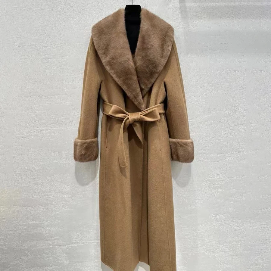 Veste en mélange de laine pour femmes, manteau en laine avec ceinture assortie, manteau de luxe en cachemire pour femmes, nouveau Style