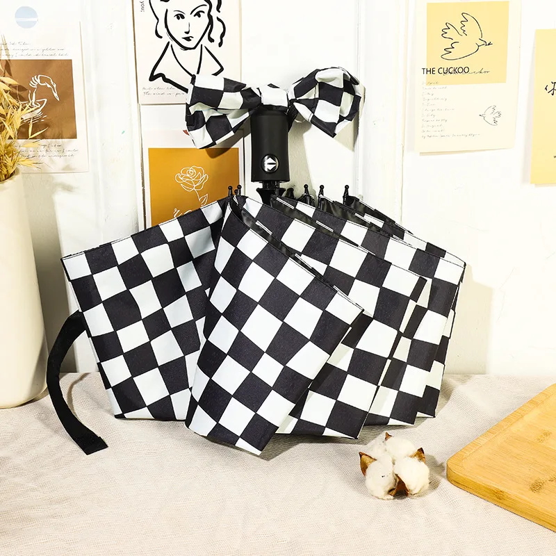 

Checkered AutoOpen/Close Windproof 2-in-1 Rain & Sun Umbrella - Unisex Student, UPF 50+ UVProtection, Compact Foldable & Durable