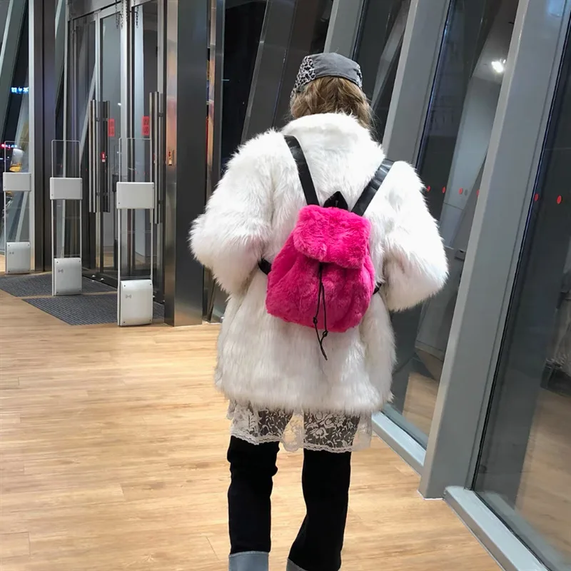 Y2k حقيبة ظهر قطيفة المرأة الصغيرة لطيف الرباط ليوبارد رقيق حقيبة الصلبة لينة الصوف حقيبة الشتاء الدافئة فو الفراء حقيبة ظهر صغيرة