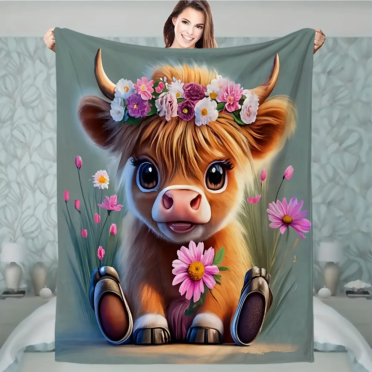 1PC Comfortable and Ultra-Soft Highland Cow Rose Method Soft and Durable Flannel Blanket Perfect for sofas, camping and travel