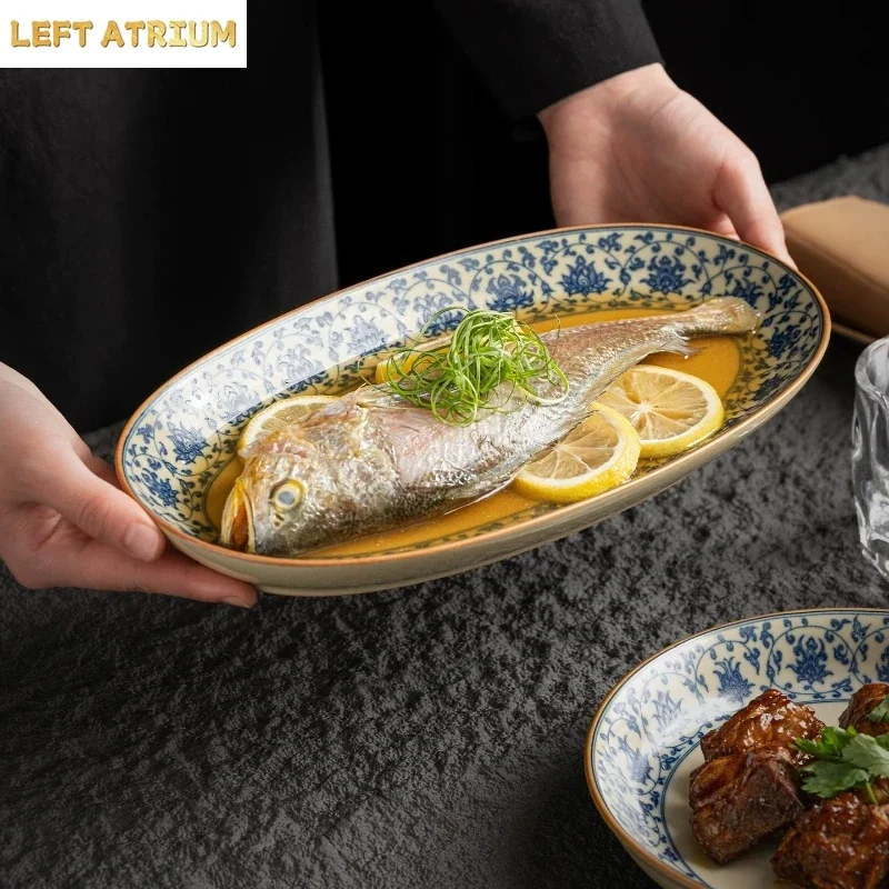 Chinese Blue and White Porcelain Oval Fish Plate High‑Temp Ceramic Steaming Fish Dish Retro Tableware for Home Hotel Dining