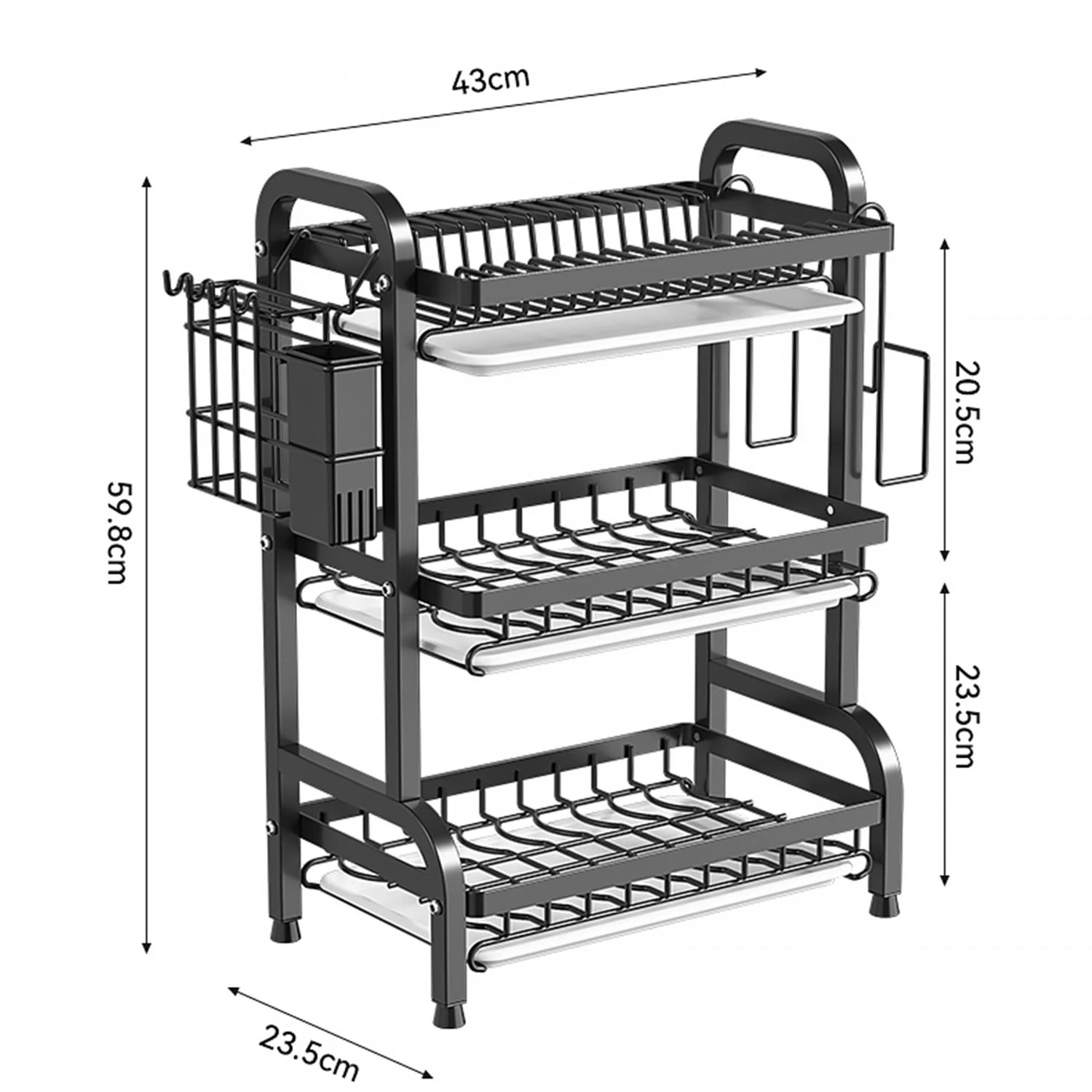Image 7: Égouttoir à vaisselle à 3 niveaux, grande capacité, pour comptoir, avec support pour ustensiles, couteaux et planches à découper, plateaux amovibles