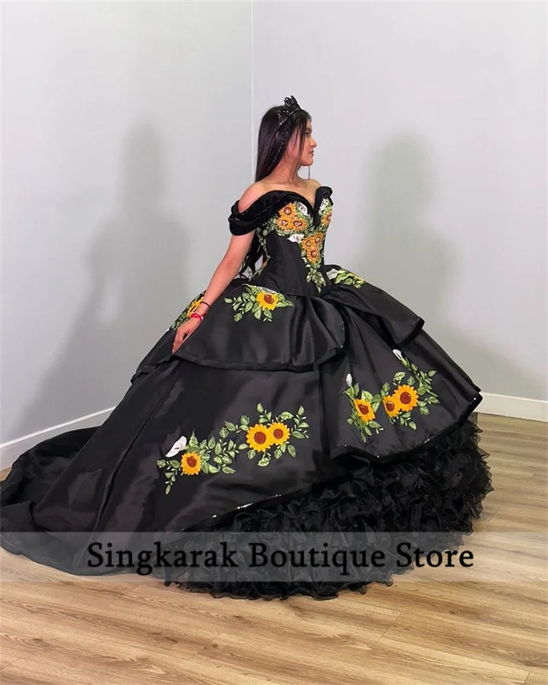 Luxe Zwarte Vestidos De 15 Quinceañera Zonnebloemen Borduren Kralen Jurk Off Schouder Sweet 16 Jurken Baljurk Aangepaste