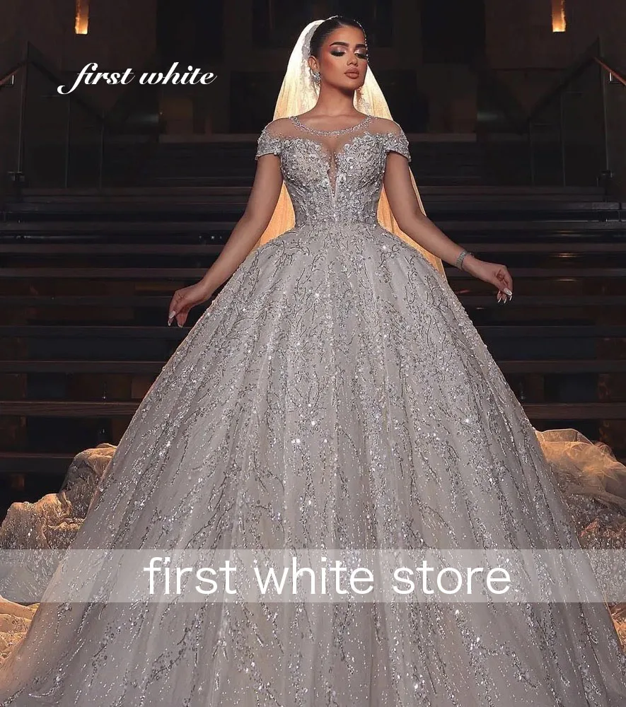 luxurious Sequin Beading Wedding Dresses 2025Appliques Lace Capped Sleeves Bridal Gowns Customized Sweep Train Vestidos De Novia