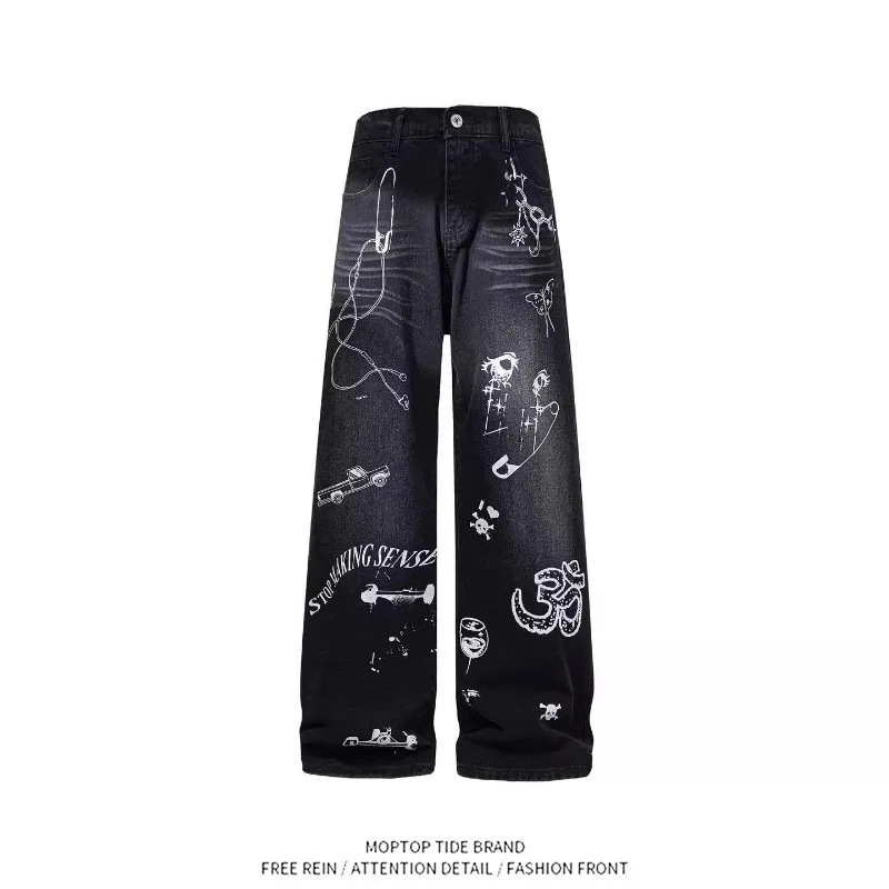 Calças Jeans Soltas com Design de Grafite Moderno para Homens e Mulheres, Confortáveis e Casuais, em Fibra de Poliéster