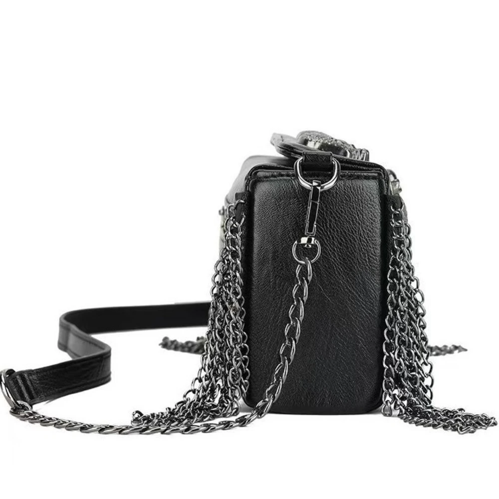 High Quality PU Bag Halloween Metal Skull Punk Style Crossbody Bag Satchels for Women Rivet Tassel Chain Shoulder Bags