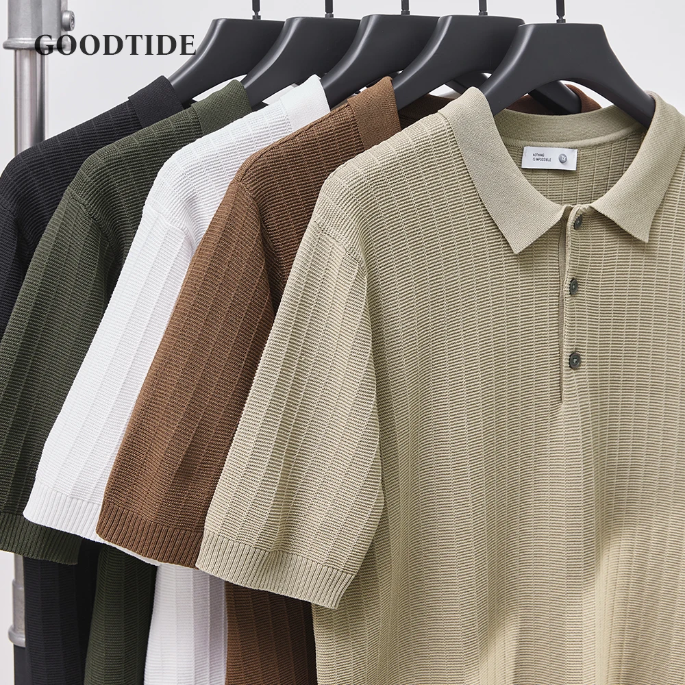 

Men's Knitted Polo Shirt Summer Fashion Retro Solid Color Lapel Short Sleeve T-shirt Business Casual Loose Top Men's Polo Shirt
