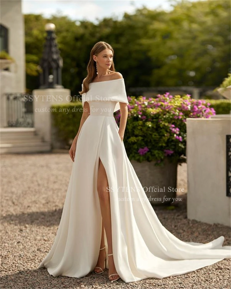 Suknie ślubne SSYTENS z odkrytymi ramionami, długie, satynowe, eleganckie, z rozcięciem z boku, w kształcie litery A, dla panny młodej, szyte na miarę, w stylu boho, Vestidos De Novia