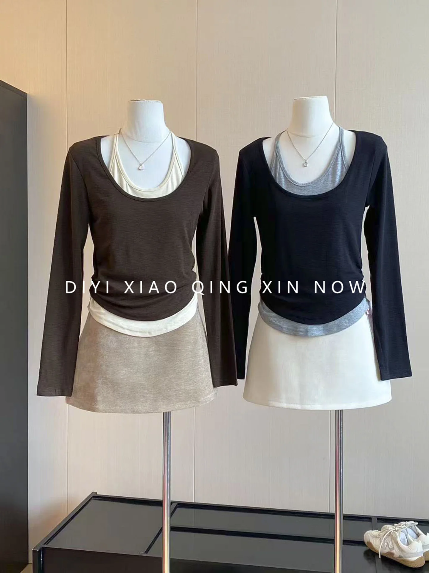 Slimming Effectiveness Bamboo Node Long Sleeve round Neck T-Shirt Women's Neck Hanging Two-Piece Illusion Polyester Fiber