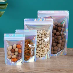 100pcs Stand Up Zip Lock Bag Holographic Laser Clear Front Snack Food Coffee Dried Fruits Nuts Candy Translucent Storage Pouches