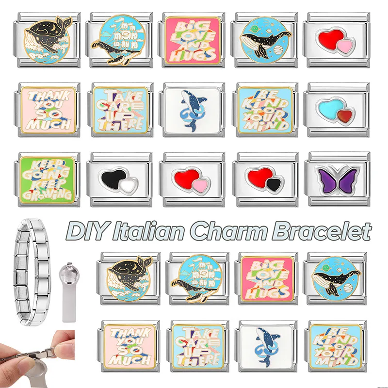 الزركون القلب القوس الكرز الصليب ستار القمر اللؤلؤ الصلب اللون الإيطالية سحر الروابط صالح 9 مللي متر الفولاذ المقاوم للصدأ سوار النساء DIY بها بنفسك صنع