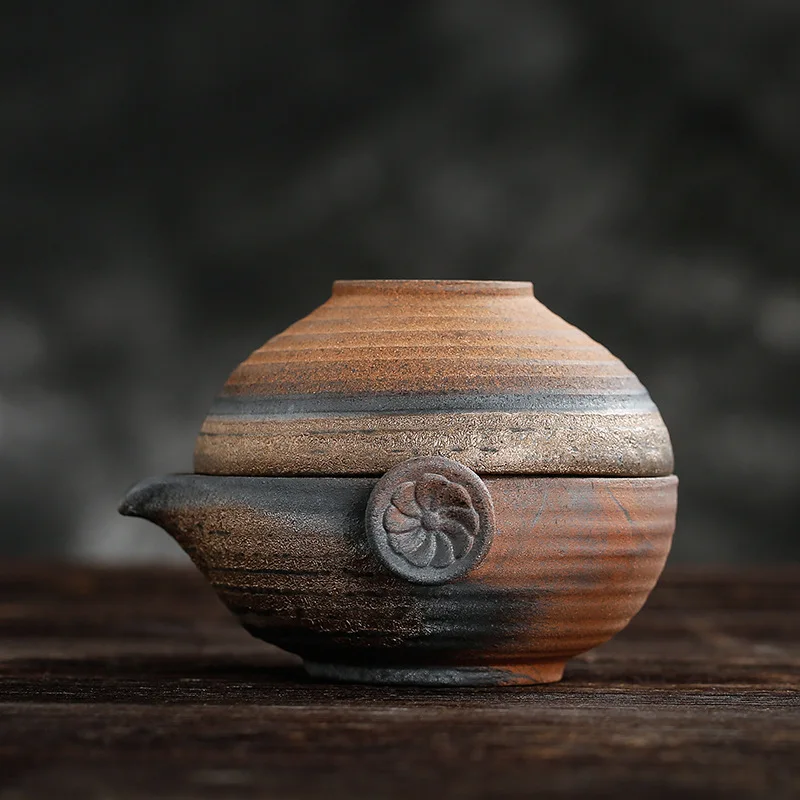 Handmade vintage Japanese rustic earthenware, a set including one teapot and one cup, wood-fired gaiwan, outdoor travel tea set