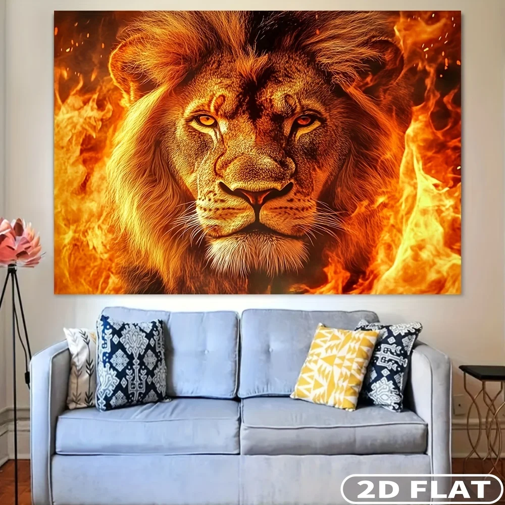 

1pc Fiery Lion Head Wall Decor, Banner Tapestry- Vibrant Burning Flame Design, Polyester Backdrop For Living Room, Bedroom