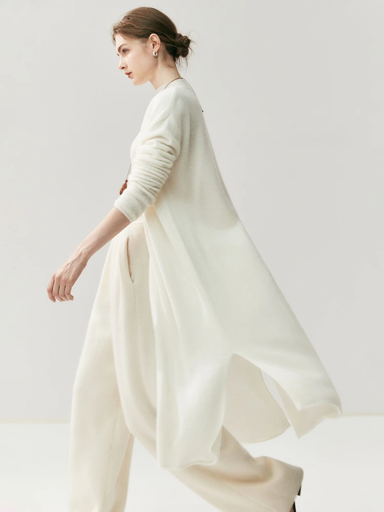 

TLOML женский 100% кашемировый свитер с разрезом обеих сторон, длинный кардиган, повседневный свободный стиль, кашемировый трикотаж, осенне-зимнее удобное пальто