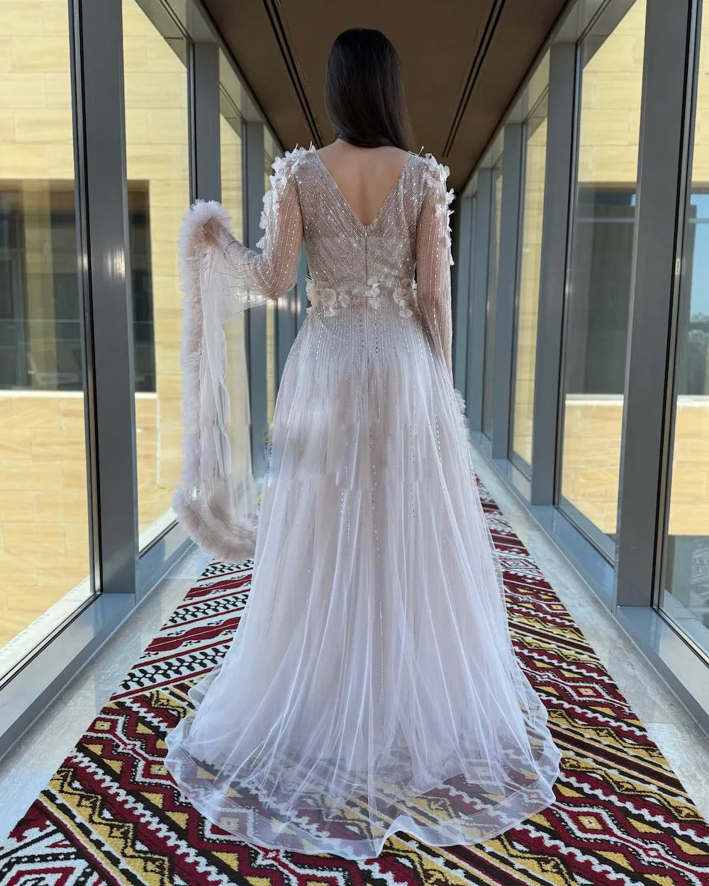 Customized Beading Embellished Evening Dress with Bell Sleeve V Neck A Line Formal Occasion Dresses 3D Flower Wedding Party Gown