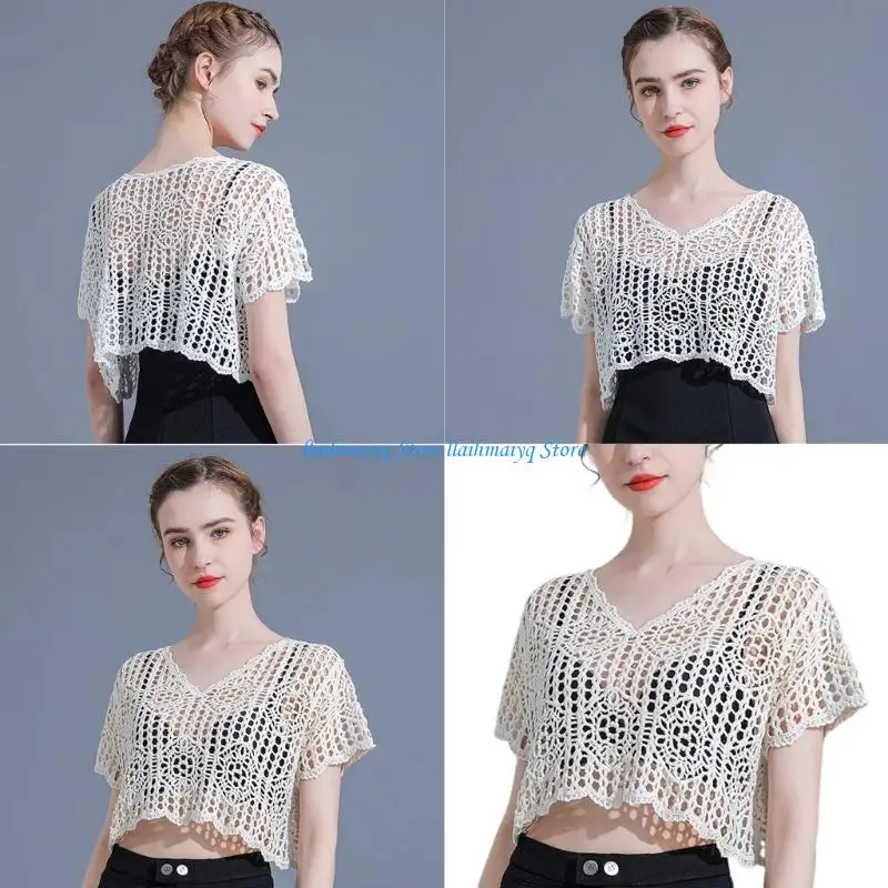 

573B Stylish Hollowout Cotton Blouse Layering Piece Short Sleeve Crop Top Crochet Knit Cover Up Shrug For Women Beachwear