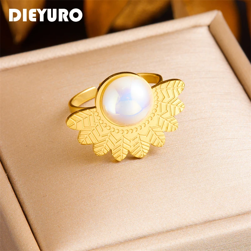 Dieyuro 316l Edelstahl Blatt Perle verstellbarer Ring für Damen Mädchen Mode neue Fingerring Schmuck Geschenk Party Anillos Mujer