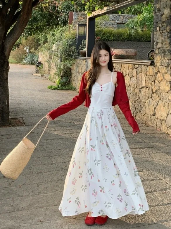 

Летнее платье больших размеров с цветочным принтом, женский тонкий кардиган, топ в городском стиле, платье миди с высокой талией и длинными рукавами