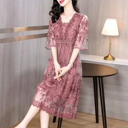 2024 Summer New Heavy Industry Lace Flower Embroidery Waist Tie Dress Women's Short sleeved Fashionable Knee length A-line Dress