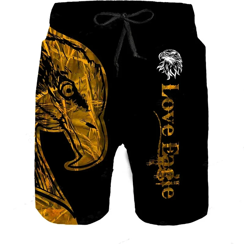 Calção de praia masculino estampado em 3D, águia branca, calça curta padrão de camuflagem animal, baús grandes, moda de rua, esportes