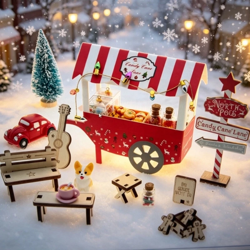 Mini Candy Stall Miniature Set Wooden Holiday Display Styling with Slot-Together Assembly, Rearrangeable Accessories and A2UB