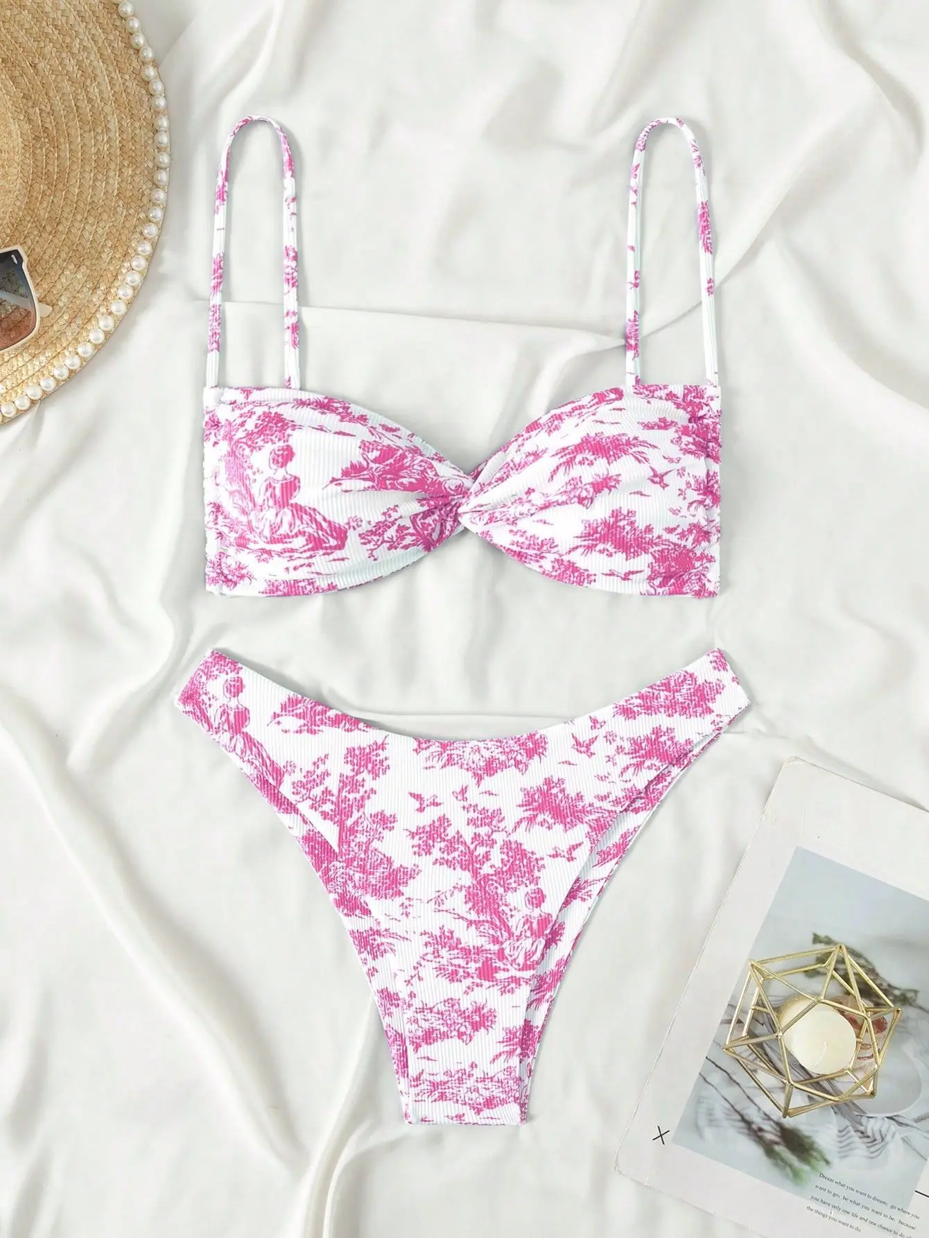 2025 Women's Pink Floral Micro Bikini Set High-End Beach Swimwear with Adjustable Ties Summer Holiday Floral Swimwear Outfits